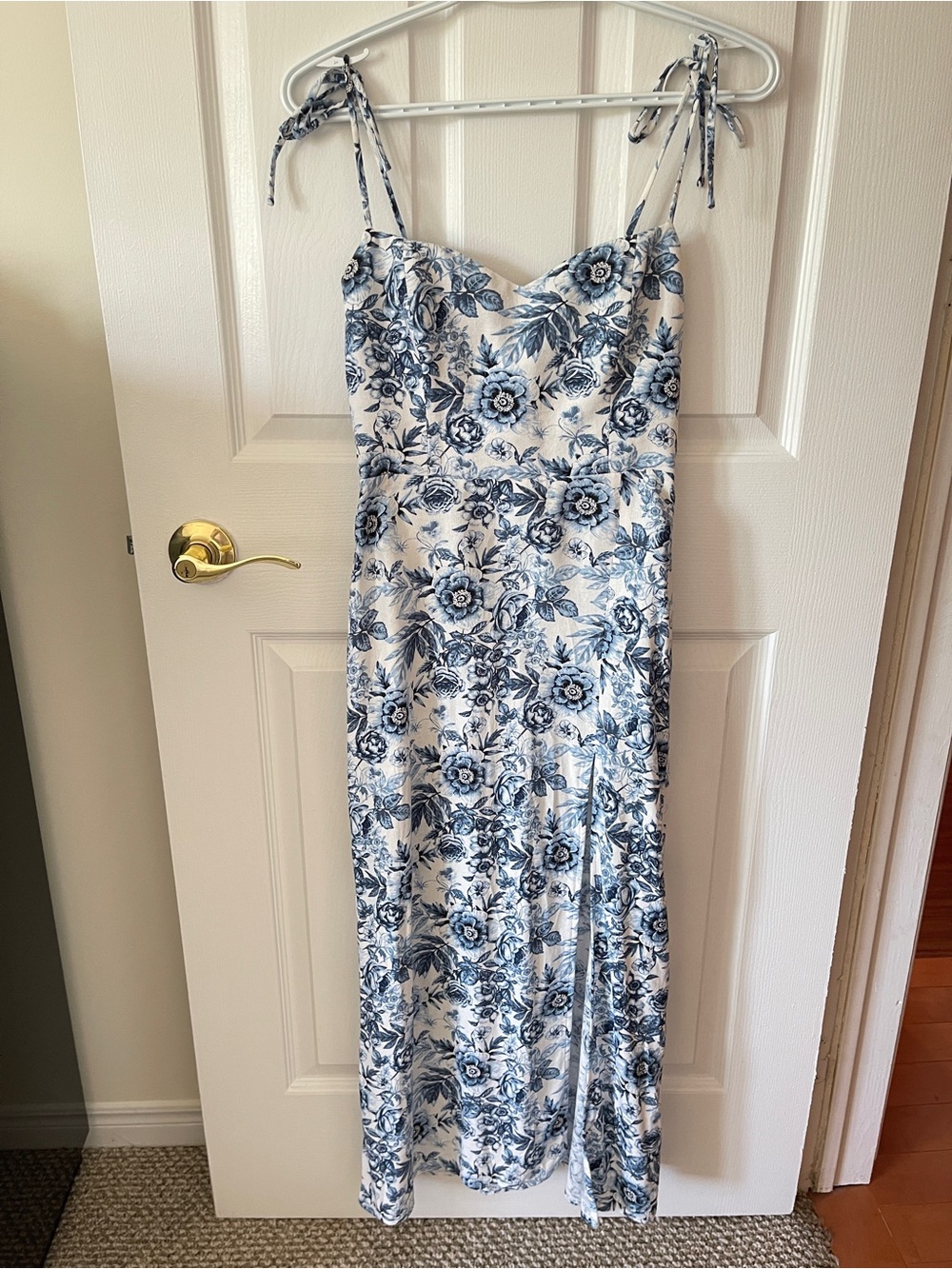 Park & Fifth White Maxi Dress with Blue Floral Print and Tie Straps